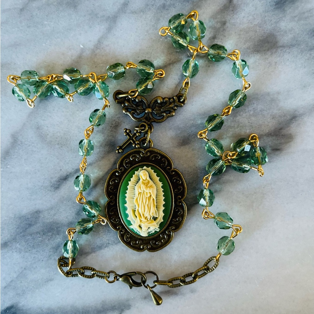 Vintage Style Guadalupe Cream on Green Cameo Necklace, Austrian Peridot Crystals
